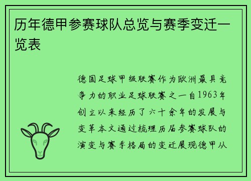 历年德甲参赛球队总览与赛季变迁一览表
